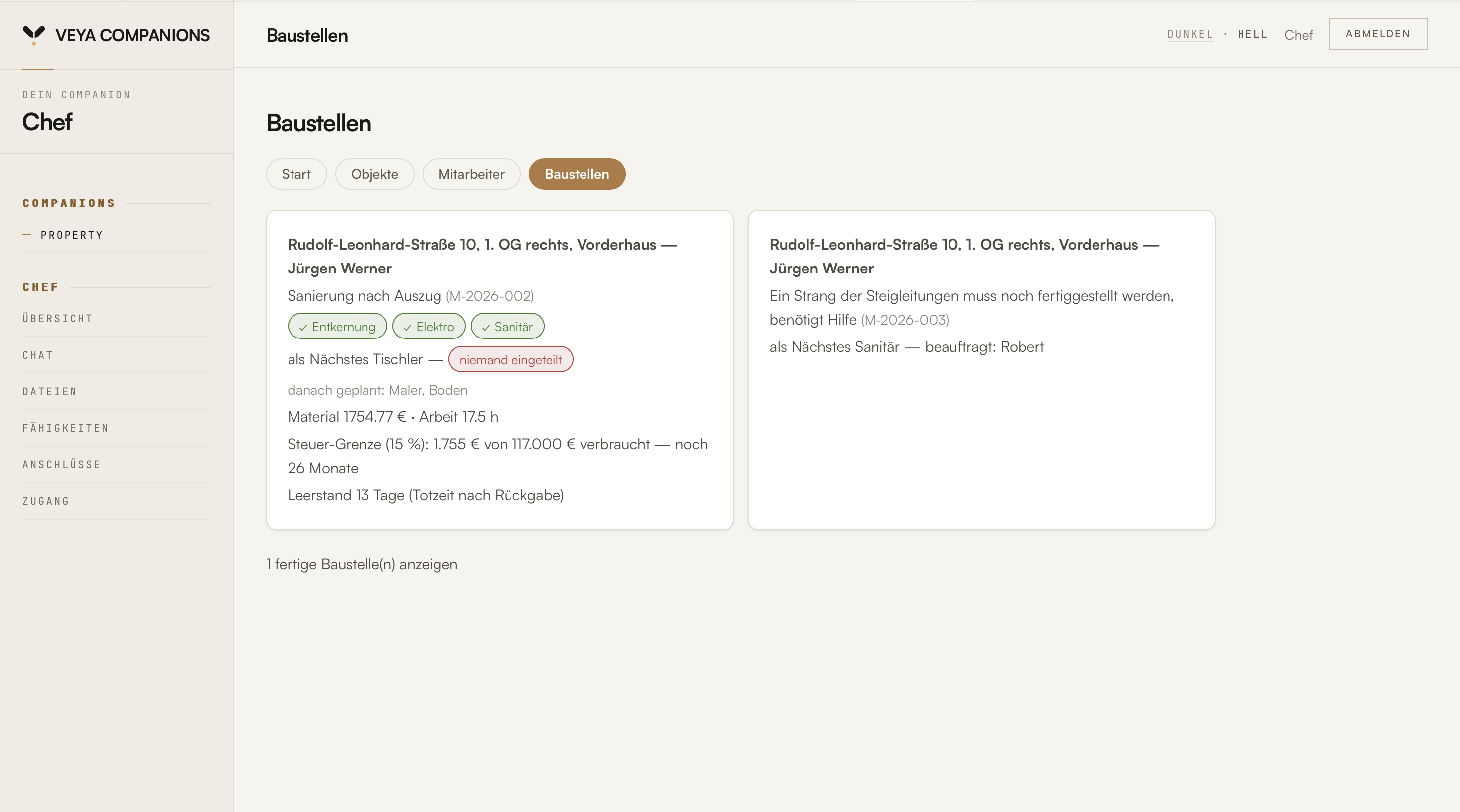 Chef-Dashboard: Baustellen-Seite mit Gewerke-Kette, Material- und Arbeitskosten