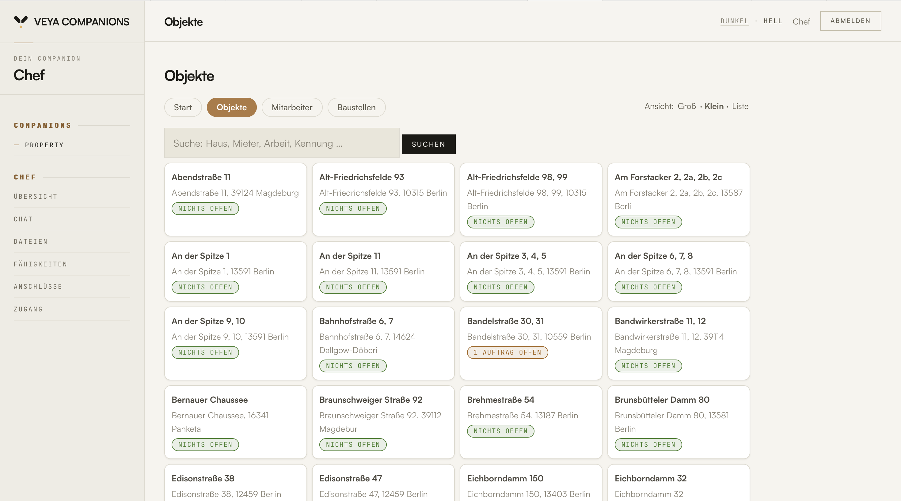 Chef-Dashboard: Objekte-Seite mit allen Häusern und Status je Objekt