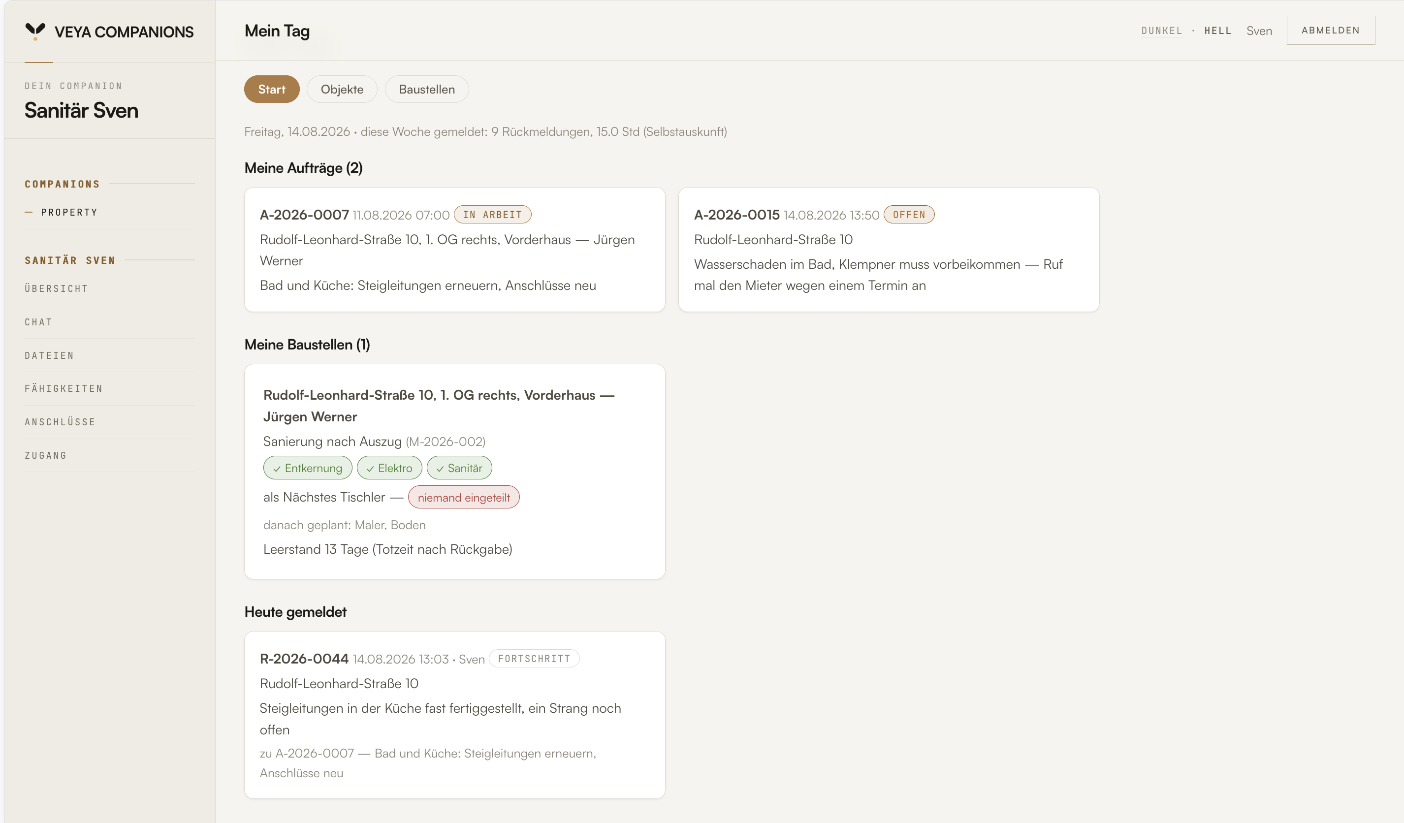 Feld-Dashboard von Sanitär Sven: Mein Tag mit eigenen Aufträgen, eigener Baustelle und heutiger Rückmeldung