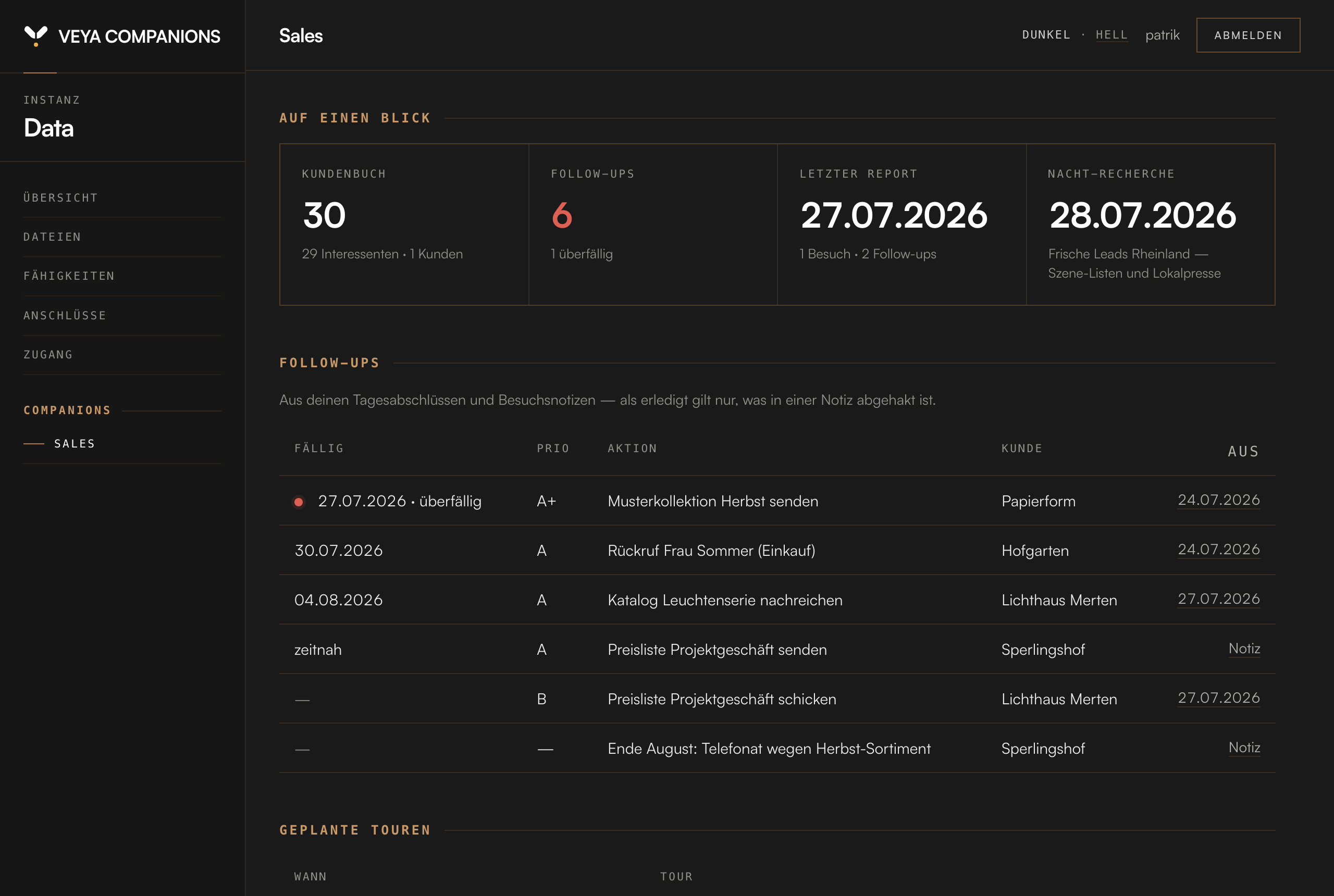 salesCOMPANION dashboard in the browser — tour, overnight research and Field Report